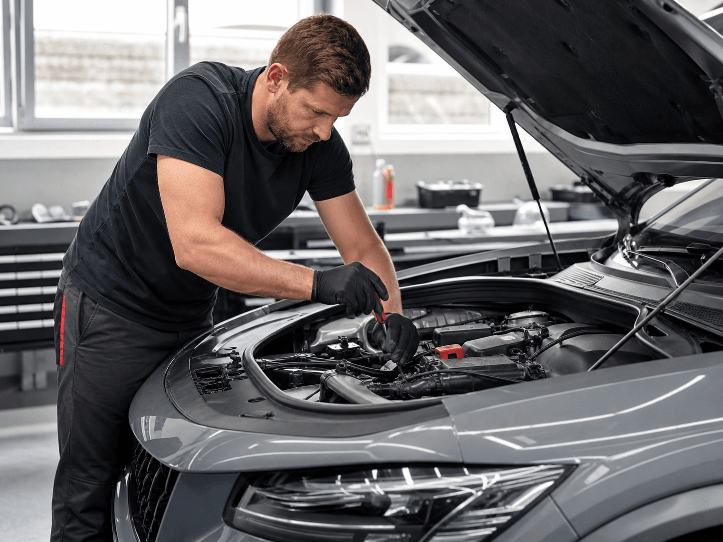Mechaniker arbeitet am Motor eines Fahrzeugs